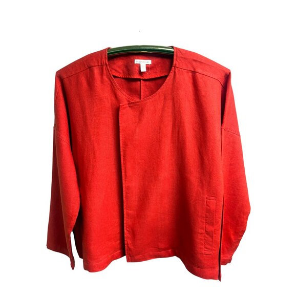 Eileen Fisher Red Organic Heavy Linen Drape Front Jacket - Picture 3 of 7